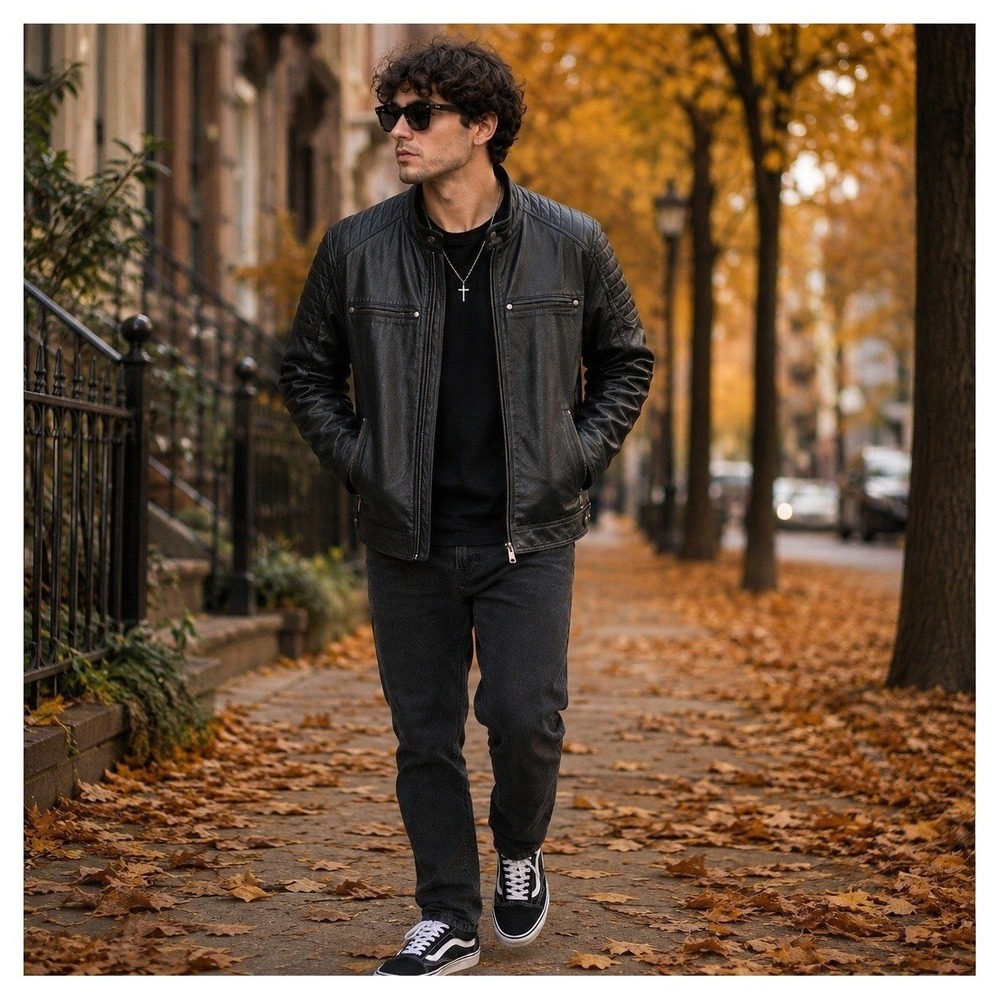 American Culture Mens M Faux Leather Moto Jacket Black Faux Fur Lined Cafe Racer